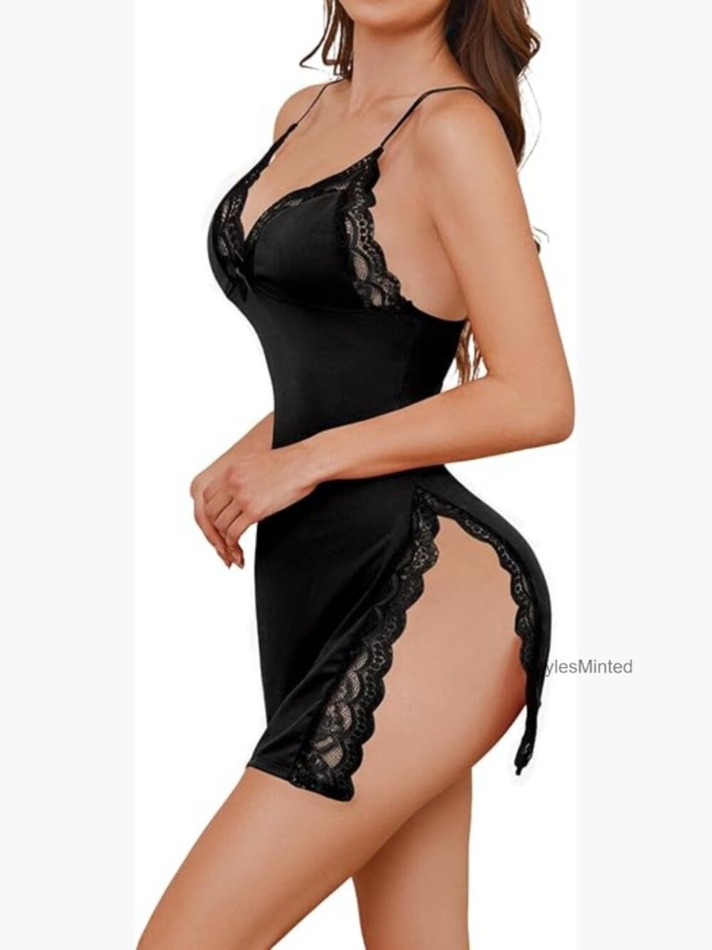 Sexy Lace Chemise Nightgown with Side Slits V-Neck Spaghetti Straps